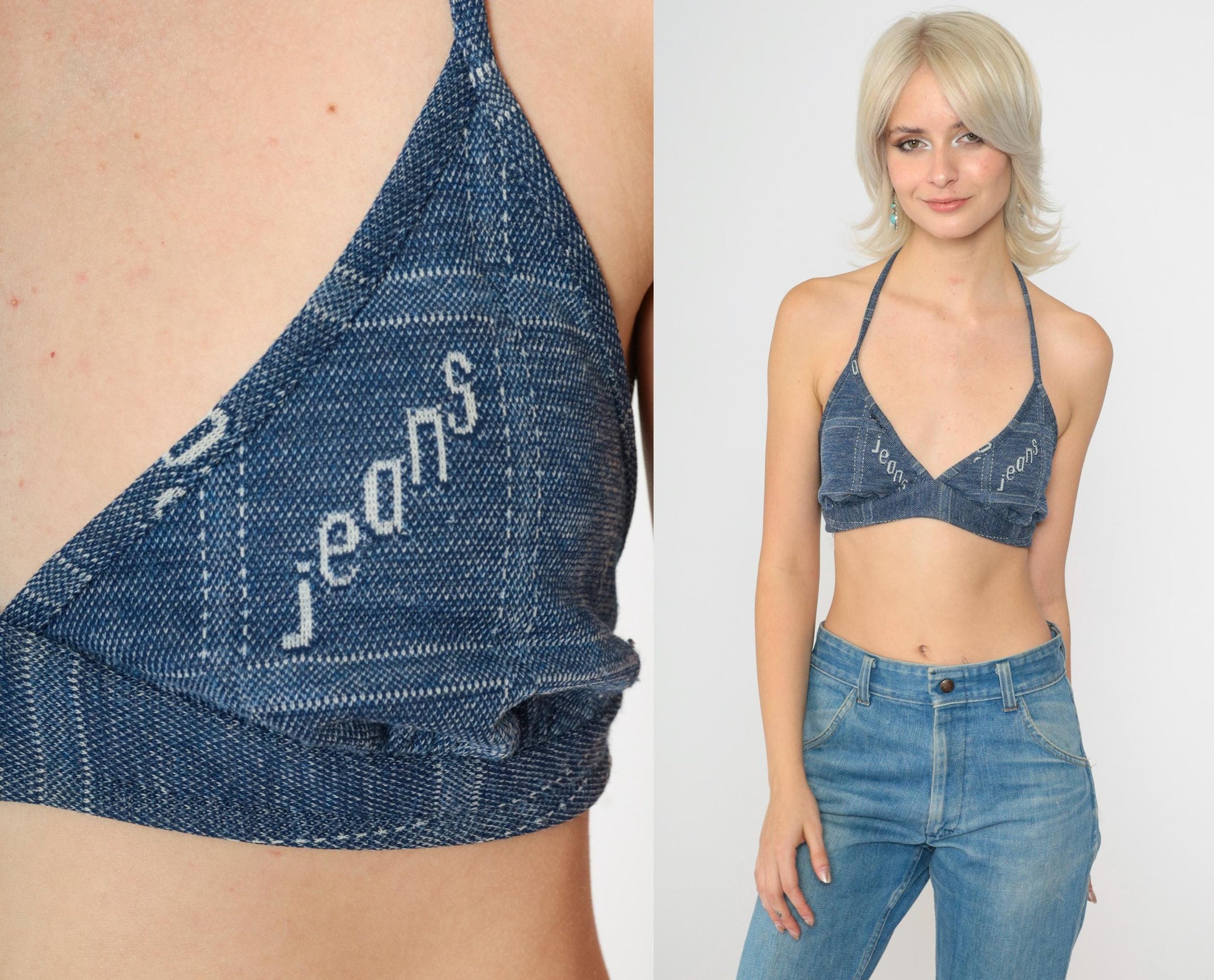 70s Blue Halter Triangle Bikini Top Jeans Print Medium