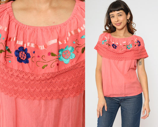 90s Coral Mexican Peasant Blouse Floral Embroidered Off-Shoulder Gauze Top Small
