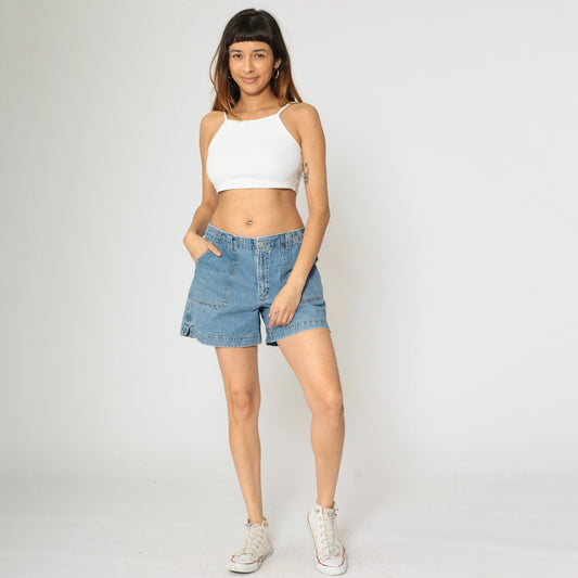 90s Blue Denim Cargo Shorts High Waist Cotton Jean Shorts Medium Large