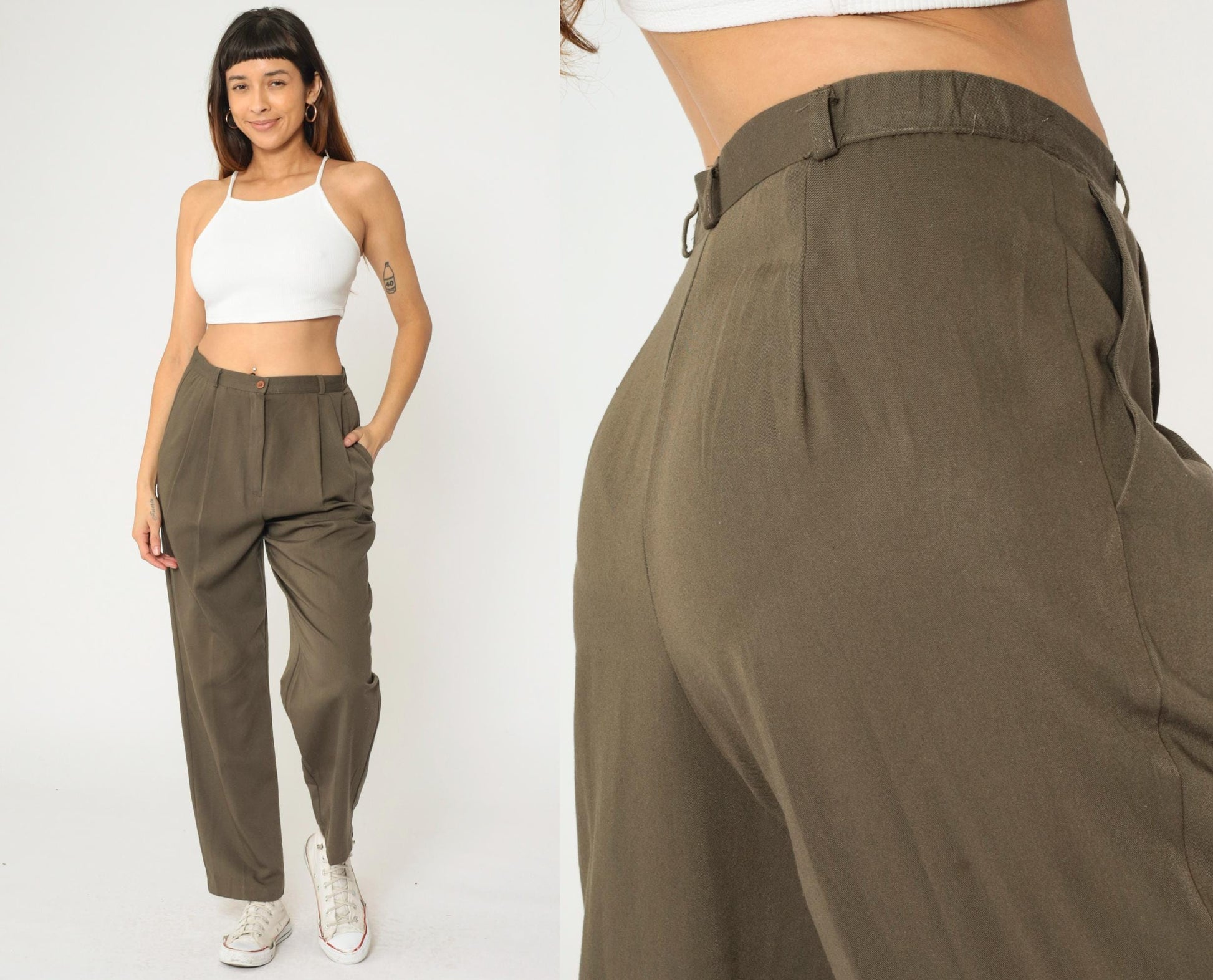 90s Brown Pleated High-Waist Trousers Tapered Leg Medium M