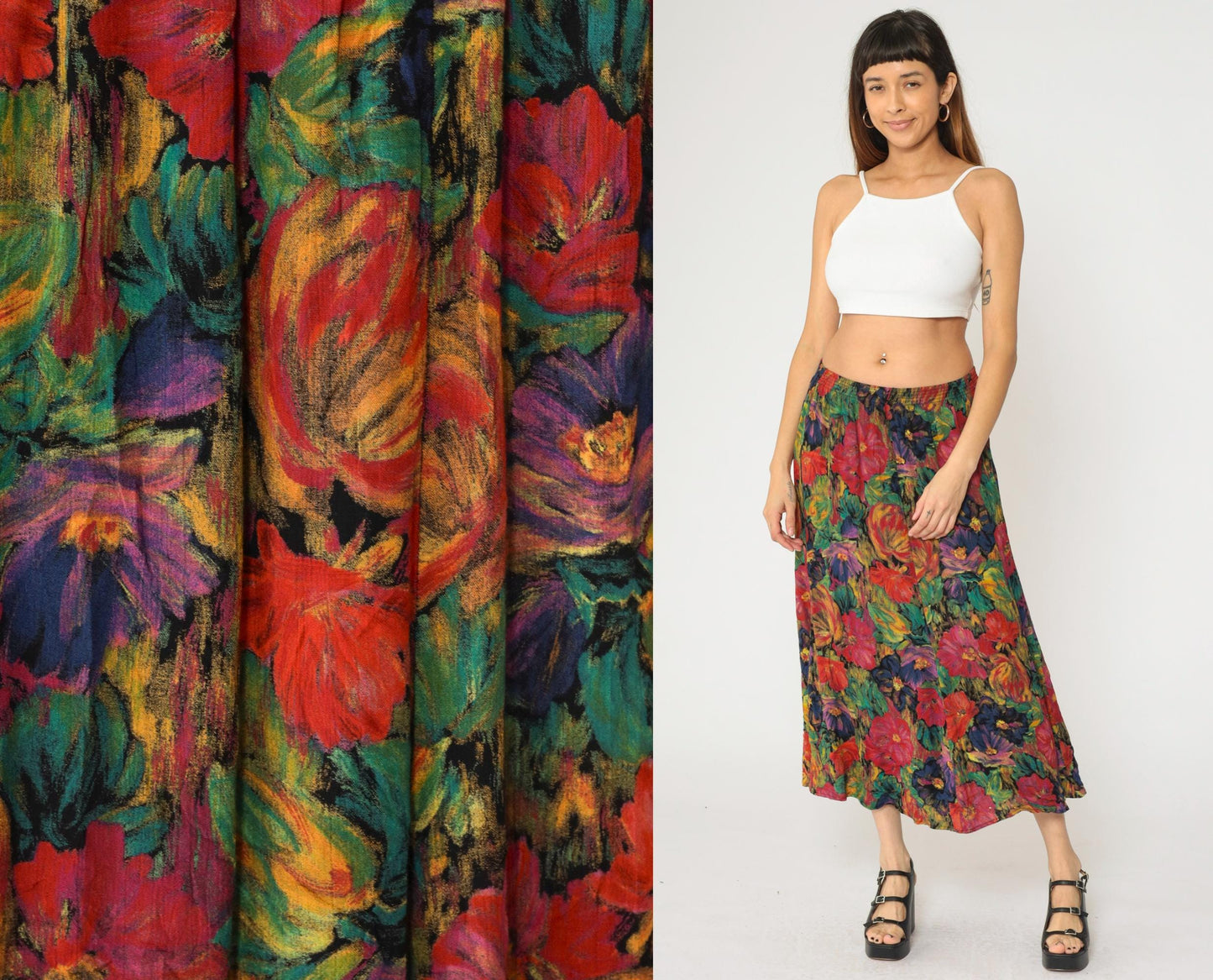 90s Floral Midi Skirt Watercolor Print High Elastic Waist Multicolor Large
