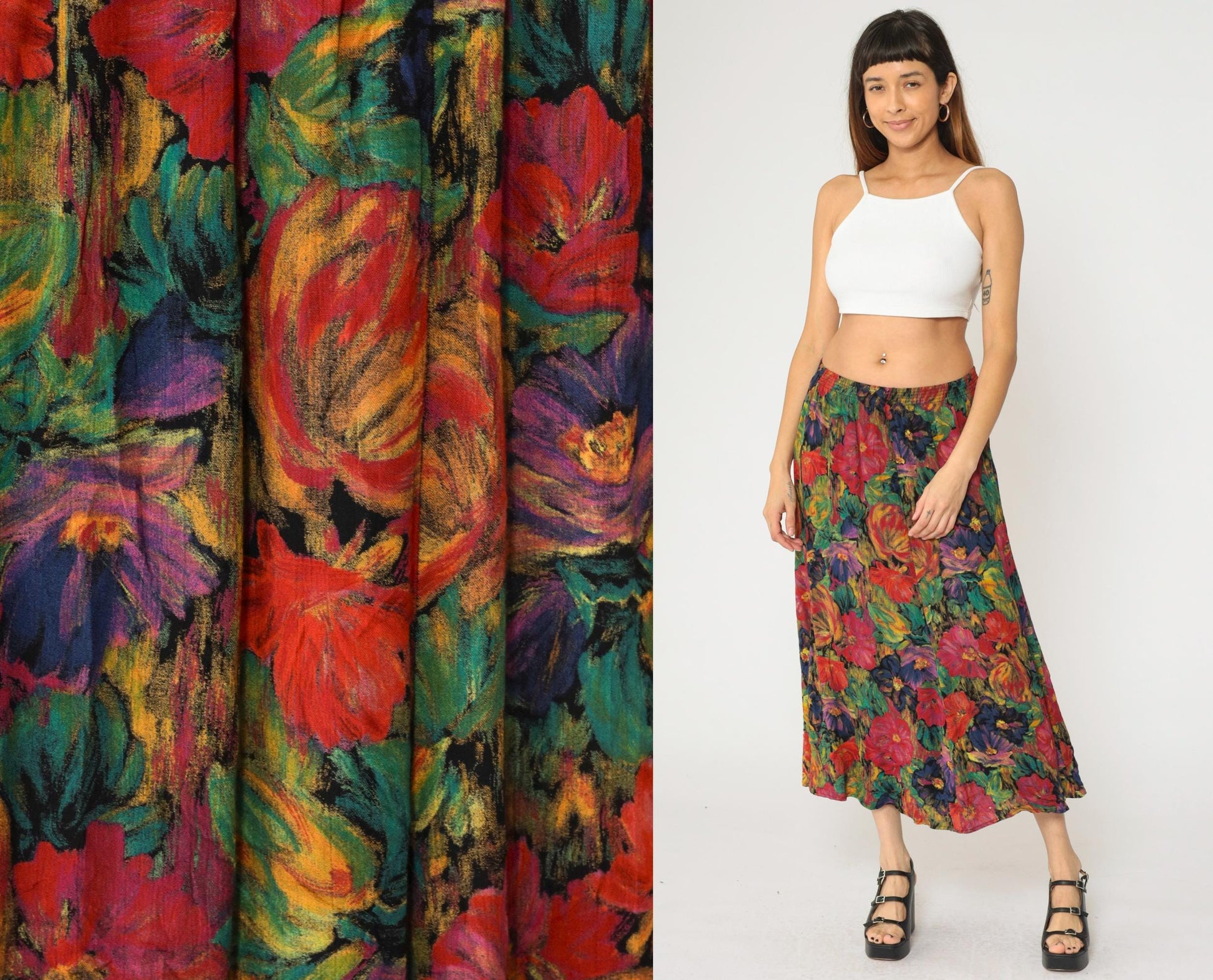 90s Floral Midi Skirt Watercolor Print High Elastic Waist Multicolor Large
