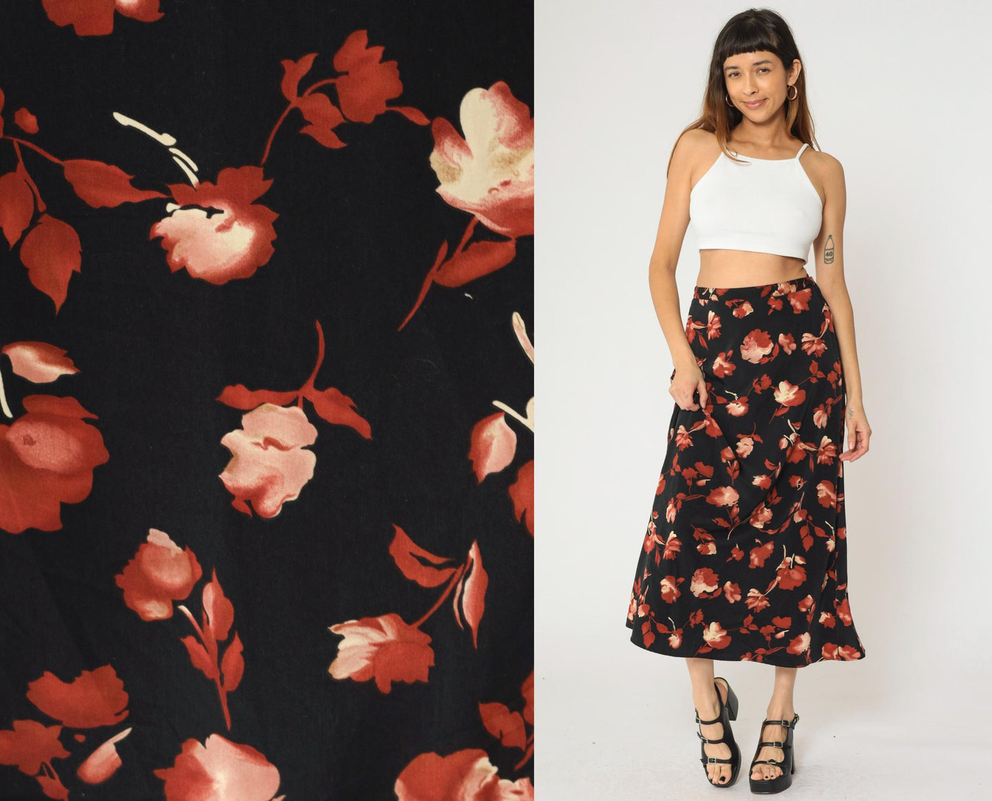 90s Black Floral A-Line Maxi Skirt High Waisted Rust Orange Small