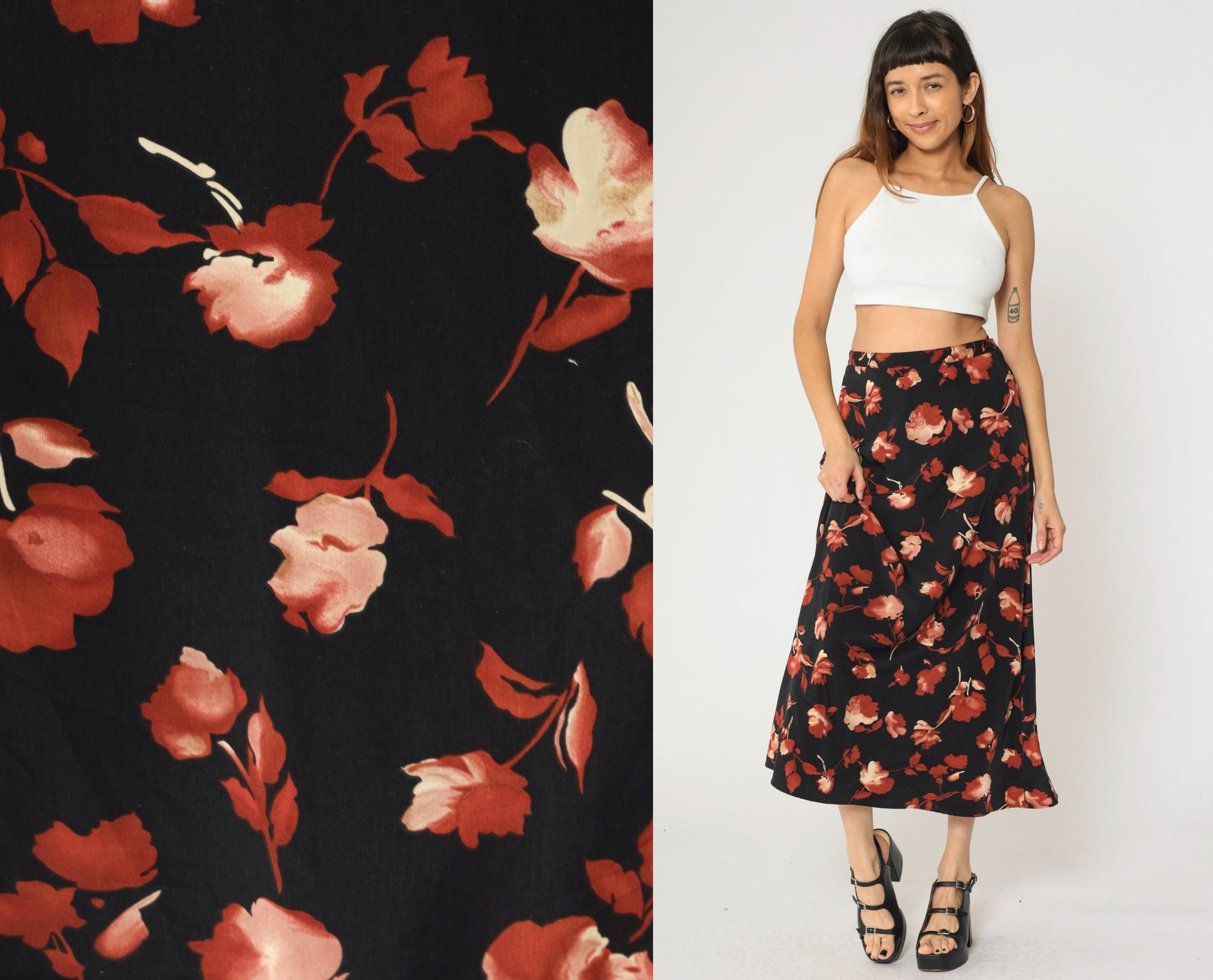 90s Black Floral A-Line Maxi Skirt High Waisted Rust Orange Small