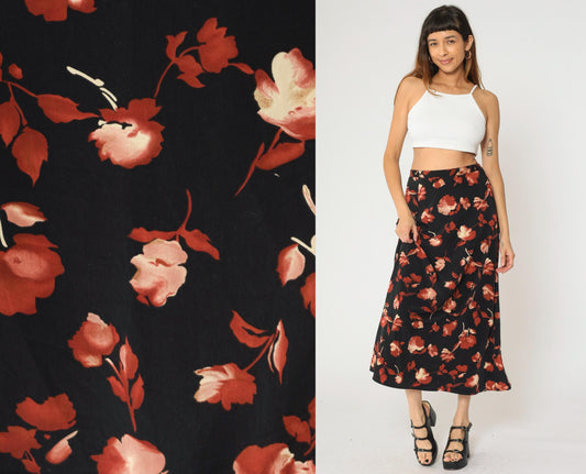 90s Black Floral A-Line Maxi Skirt High Waisted Rust Orange Small