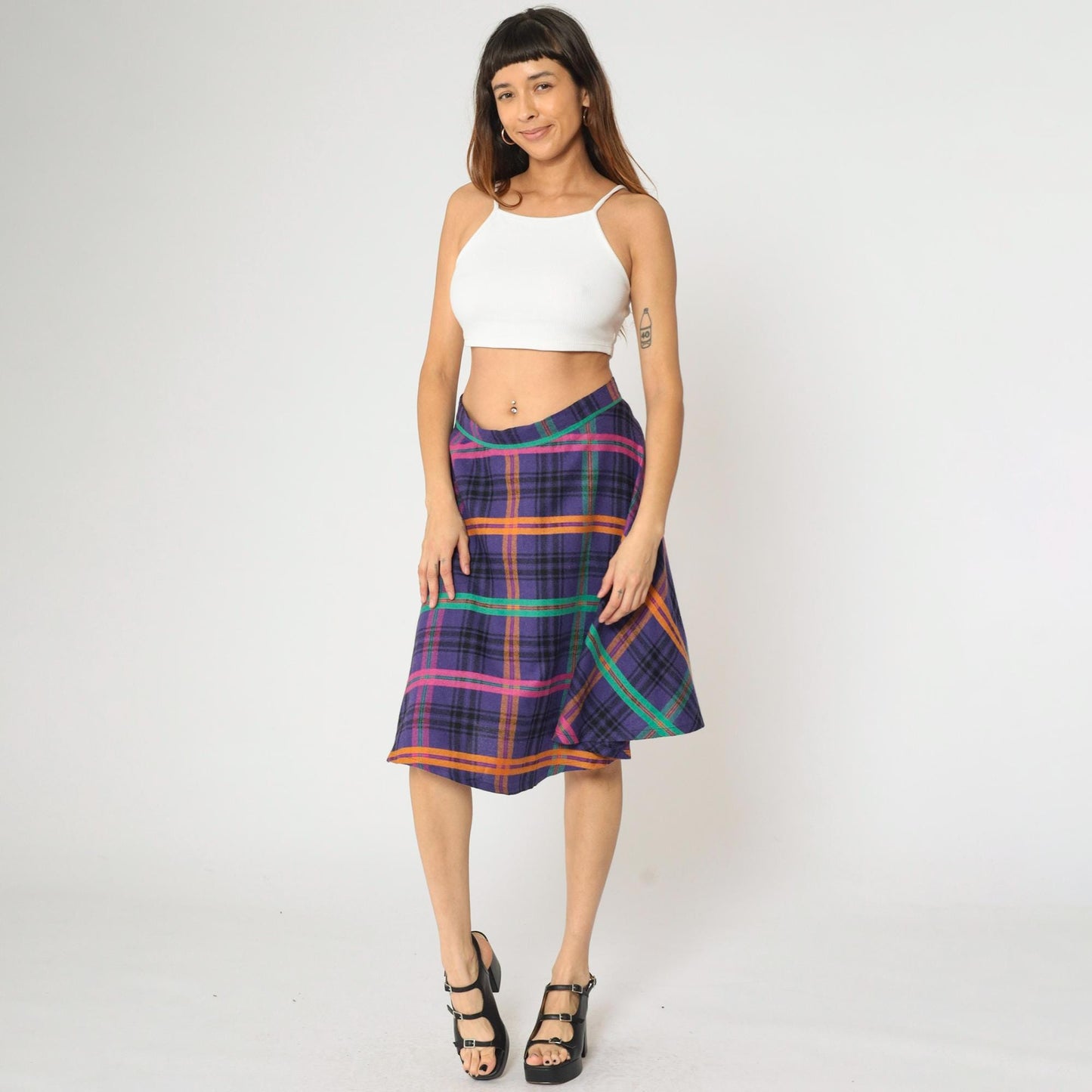 90s Purple Plaid Midi Skirt High Waisted Checkered School Girl Medium M
