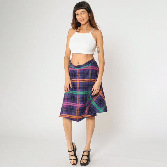 90s Purple Plaid Midi Skirt High Waisted Checkered School Girl Medium M