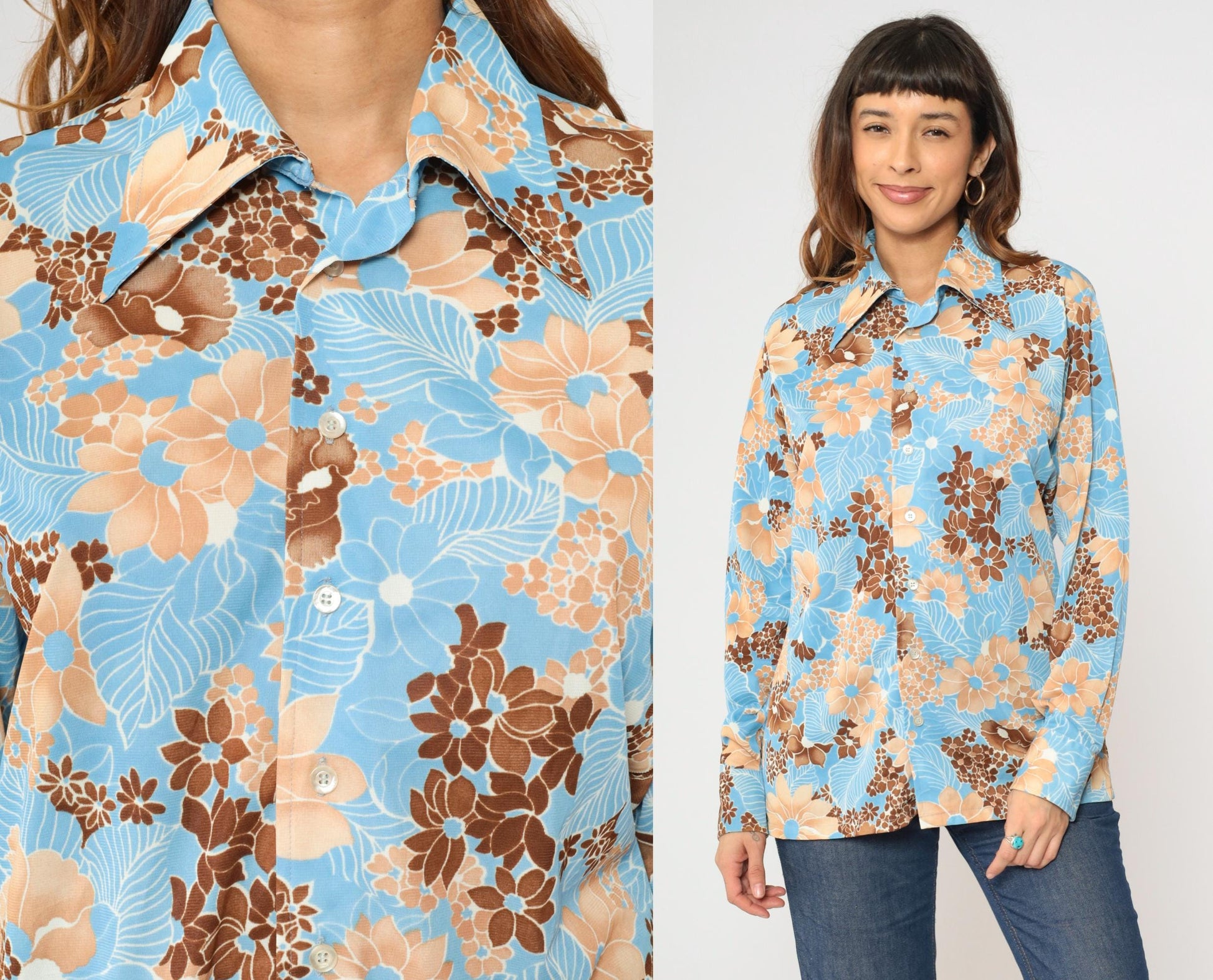 70s Prince Igor Floral Button-Up Shirt Blue Brown Tan Dagger Collar Medium