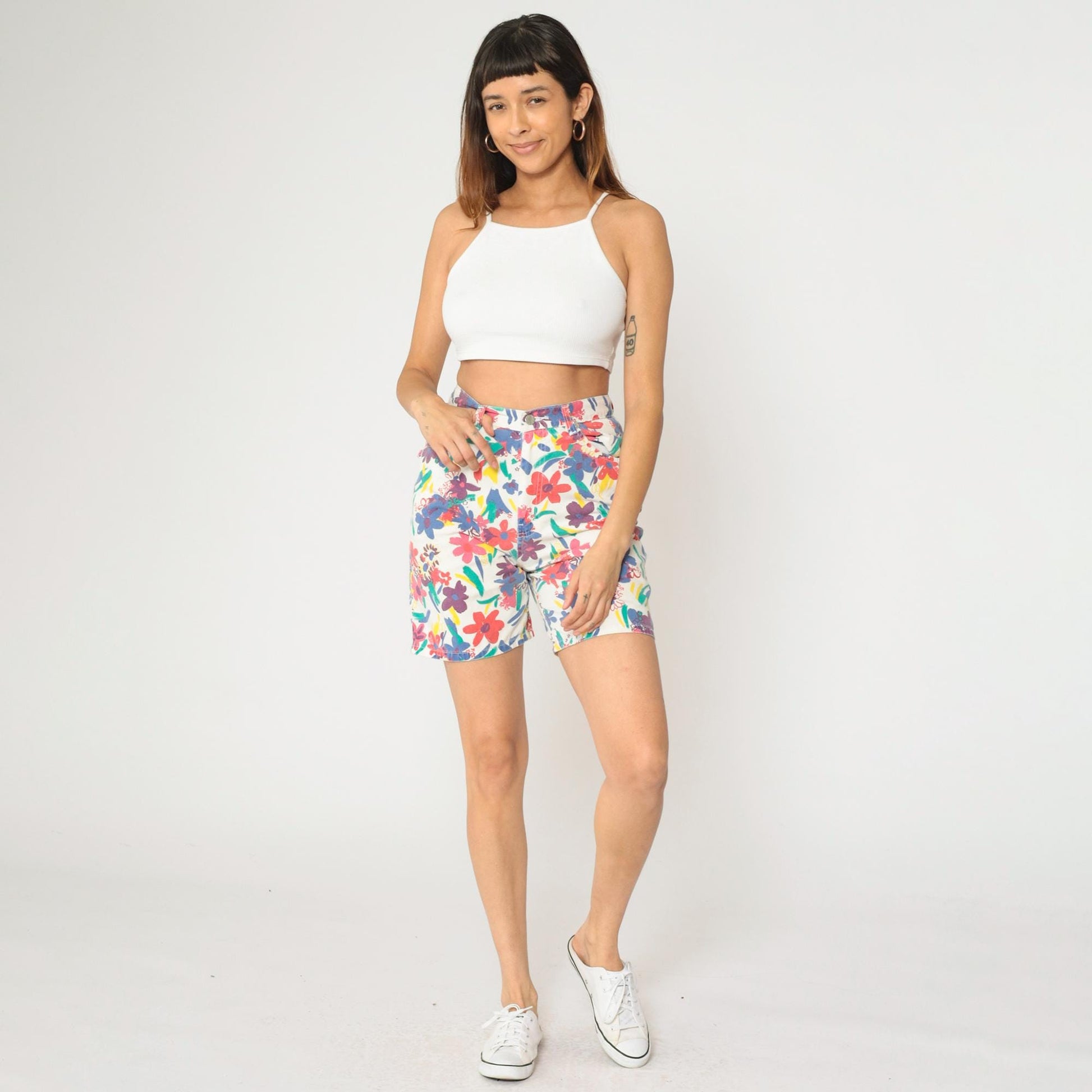 90s Sasson Floral Denim Shorts White High Waist Cotton Small