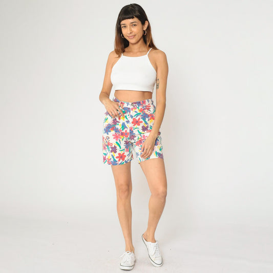 90s Sasson Floral Denim Shorts White High Waist Cotton Small