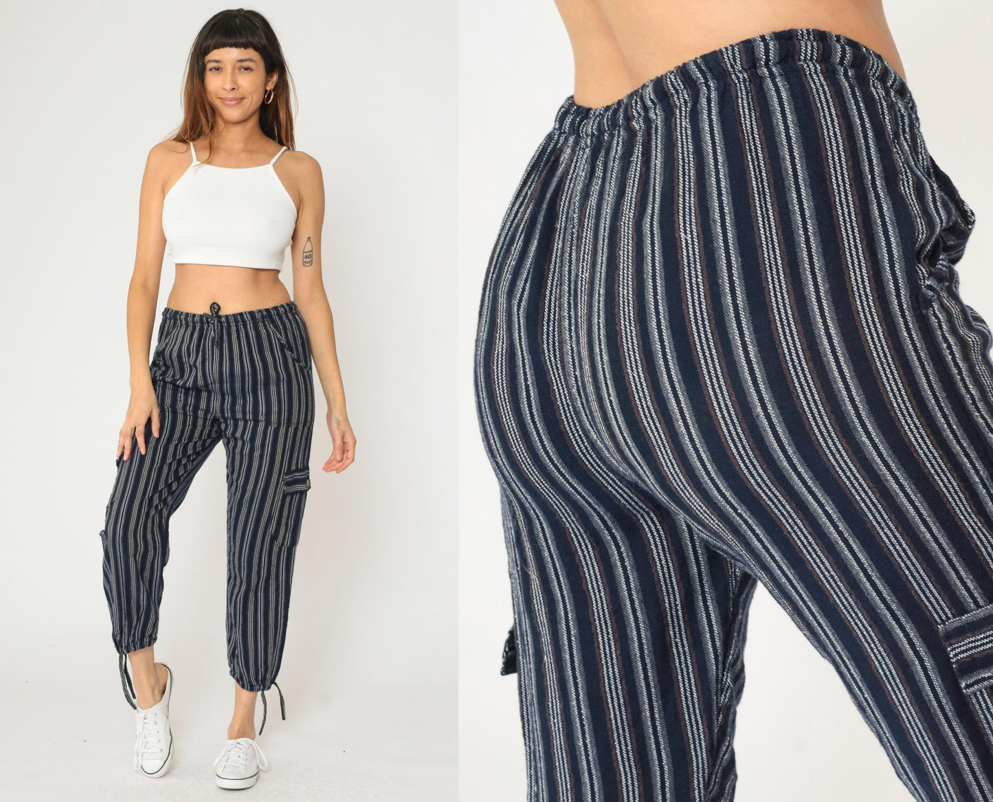 Ecuadorian Striped Navy Cargo Pants Elastic Drawstring Cropped Extra Small