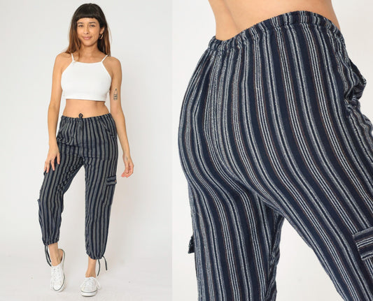 Ecuadorian Striped Navy Cargo Pants Elastic Drawstring Cropped Extra Small