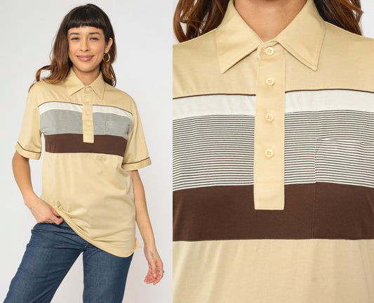 80s Anthony's Cream Striped Polo Shirt Brown White Collared Medium