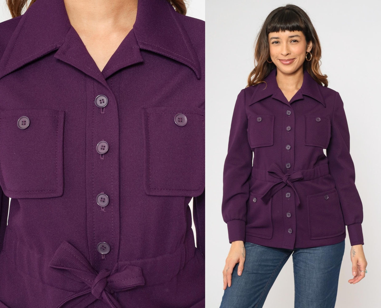 70s Purple Safari Jacket Wide Collar Belted Utility Pockets Small