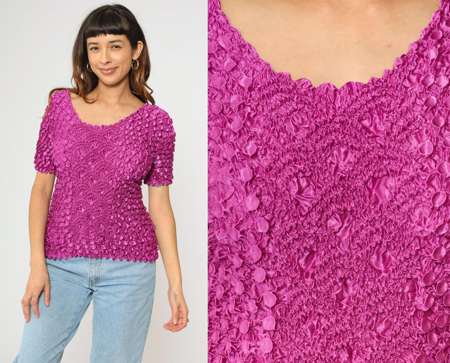 Y2K Magenta Popcorn Textured Short Sleeve Top One Size