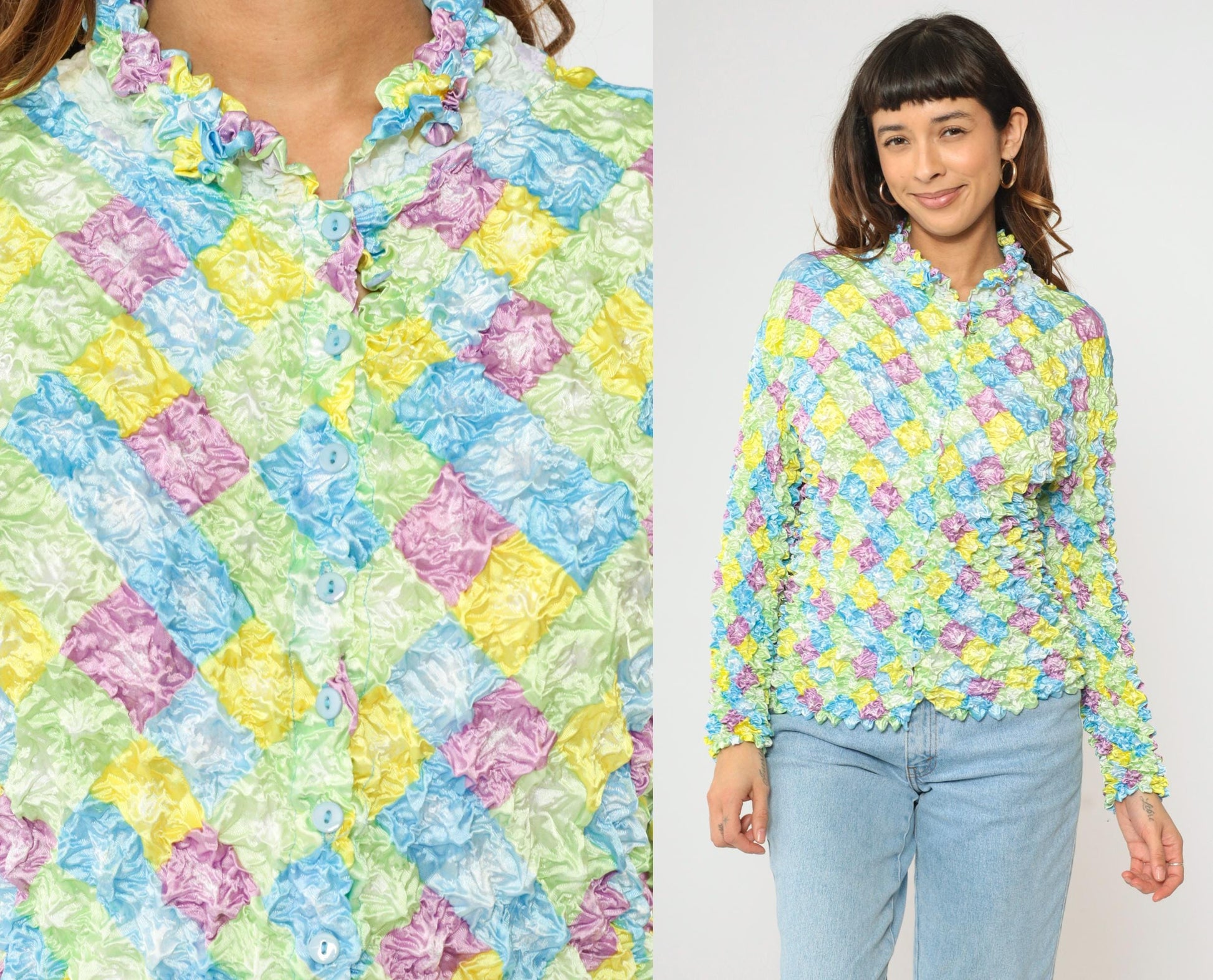 Y2K Pastel Harlequin Diamond Popcorn Shirt Crinkle Stretch Button Up Small