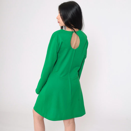 70s Green Babydoll Mini Dress Keyhole Back Empire Waist Long Sleeve Large
