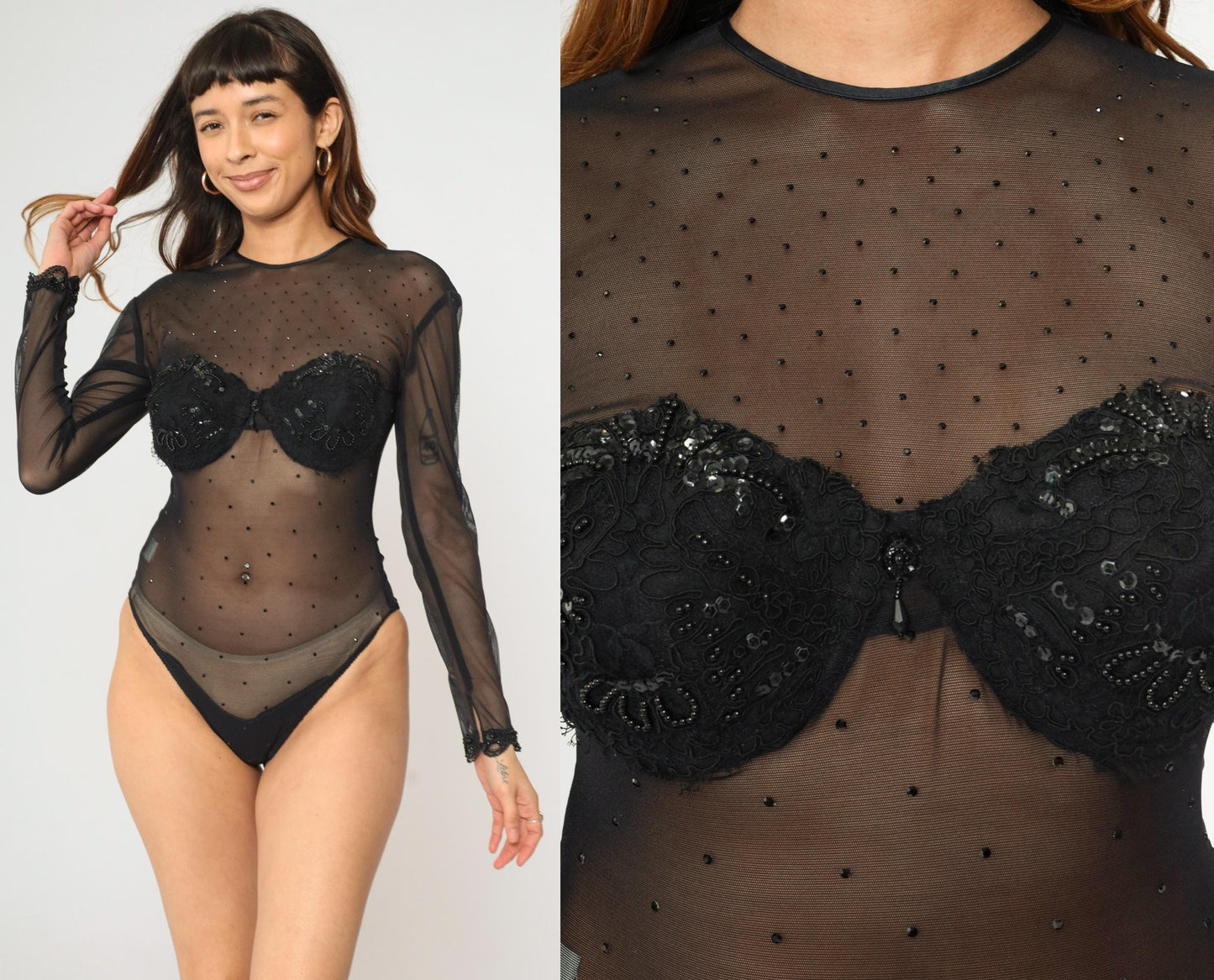 90s Black Mesh Sequin Bustier Bodysuit Long Sleeve High Cut Large