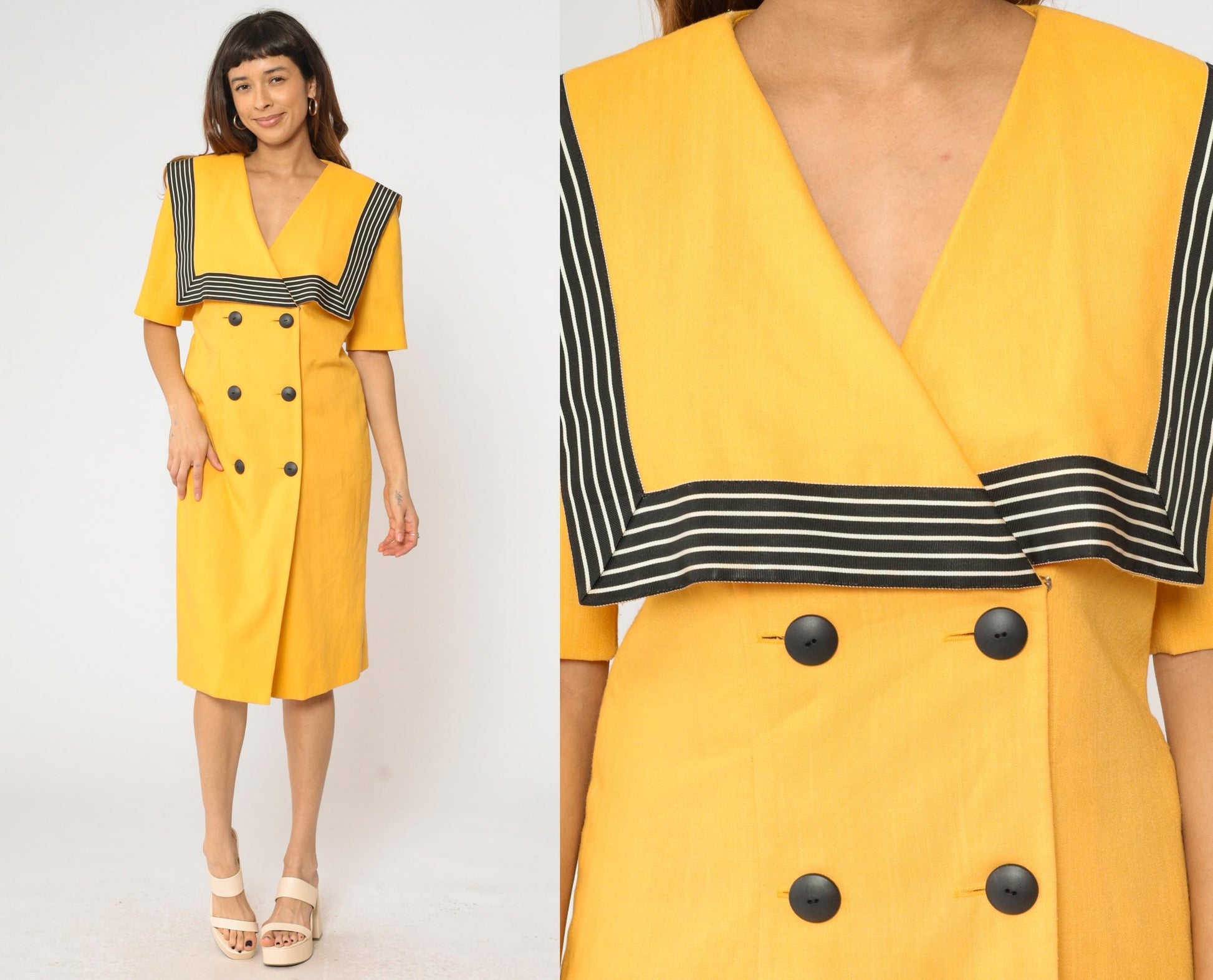 80s Yellow Sailor Collar Midi Dress Double Breasted Black Striped Medium