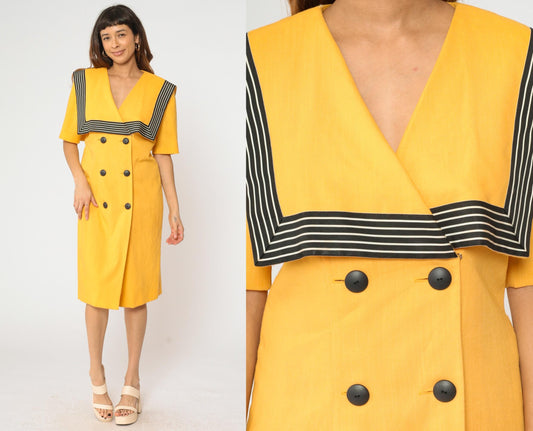 80s Yellow Sailor Collar Midi Dress Double Breasted Black Striped Medium