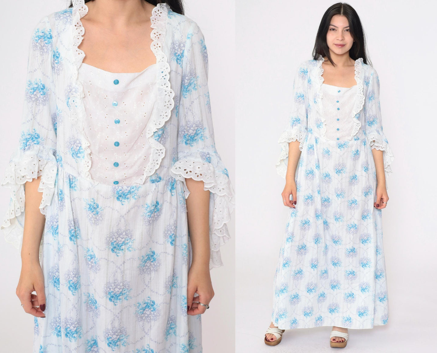 70s Floral Prairie Maxi Dress White Blue Bell Sleeve High Waist Lace Bib Medium Large