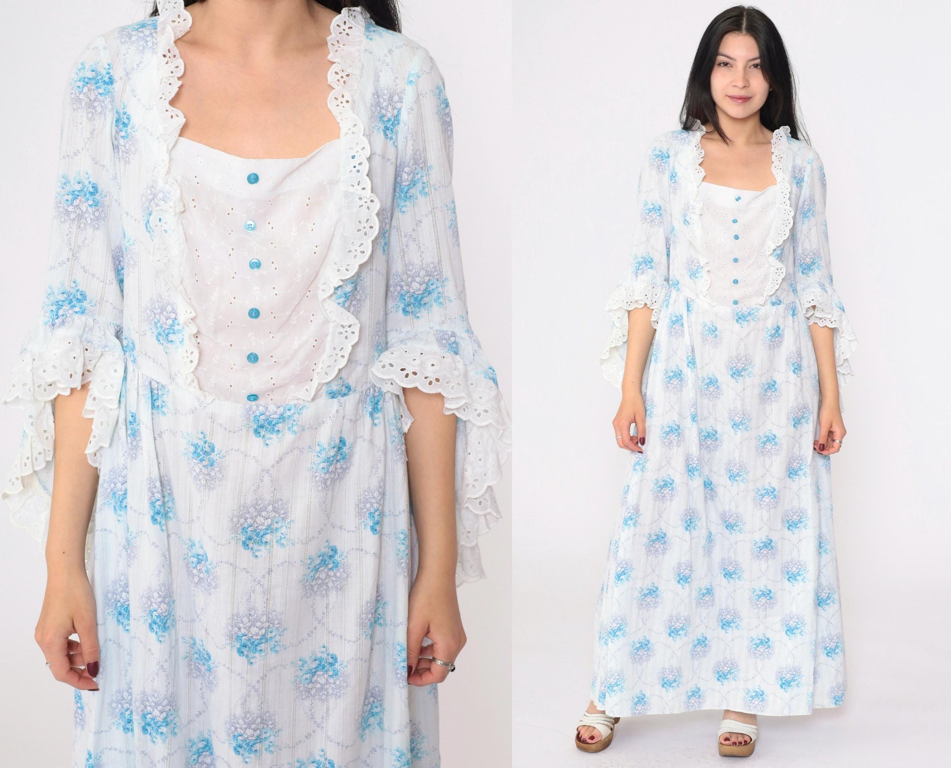 70s Floral Prairie Maxi Dress White Blue Bell Sleeve High Waist Lace Bib Medium Large