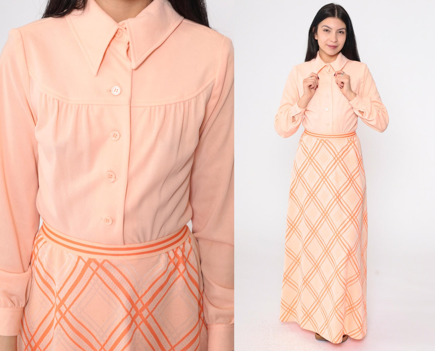 70s Peach Checkered Maxi Dress Button Up High Waist Long Sleeve Small