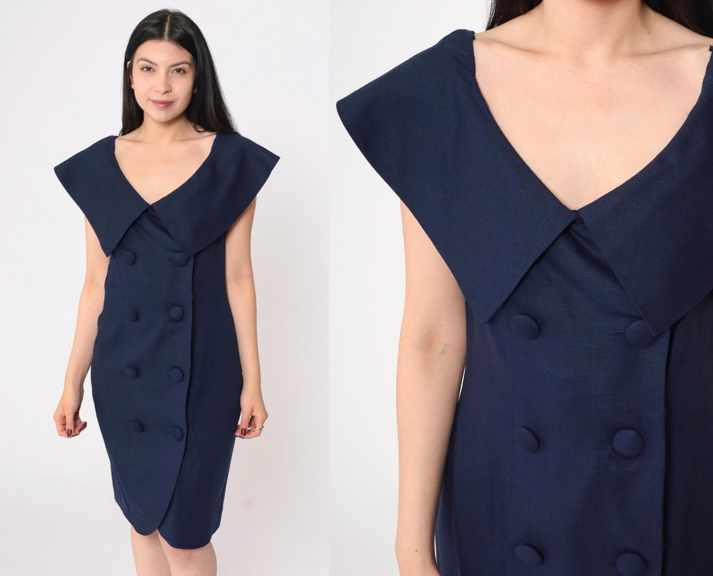 80s Kathryn Conover Navy Portrait Collar Mini Dress Double-Breasted Small 6