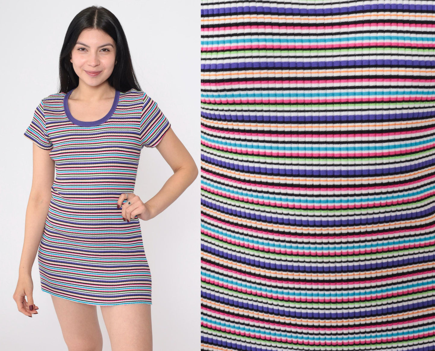 90s Y2K Purple Rainbow Striped Ringer Tee Dress Bodycon Mini Small