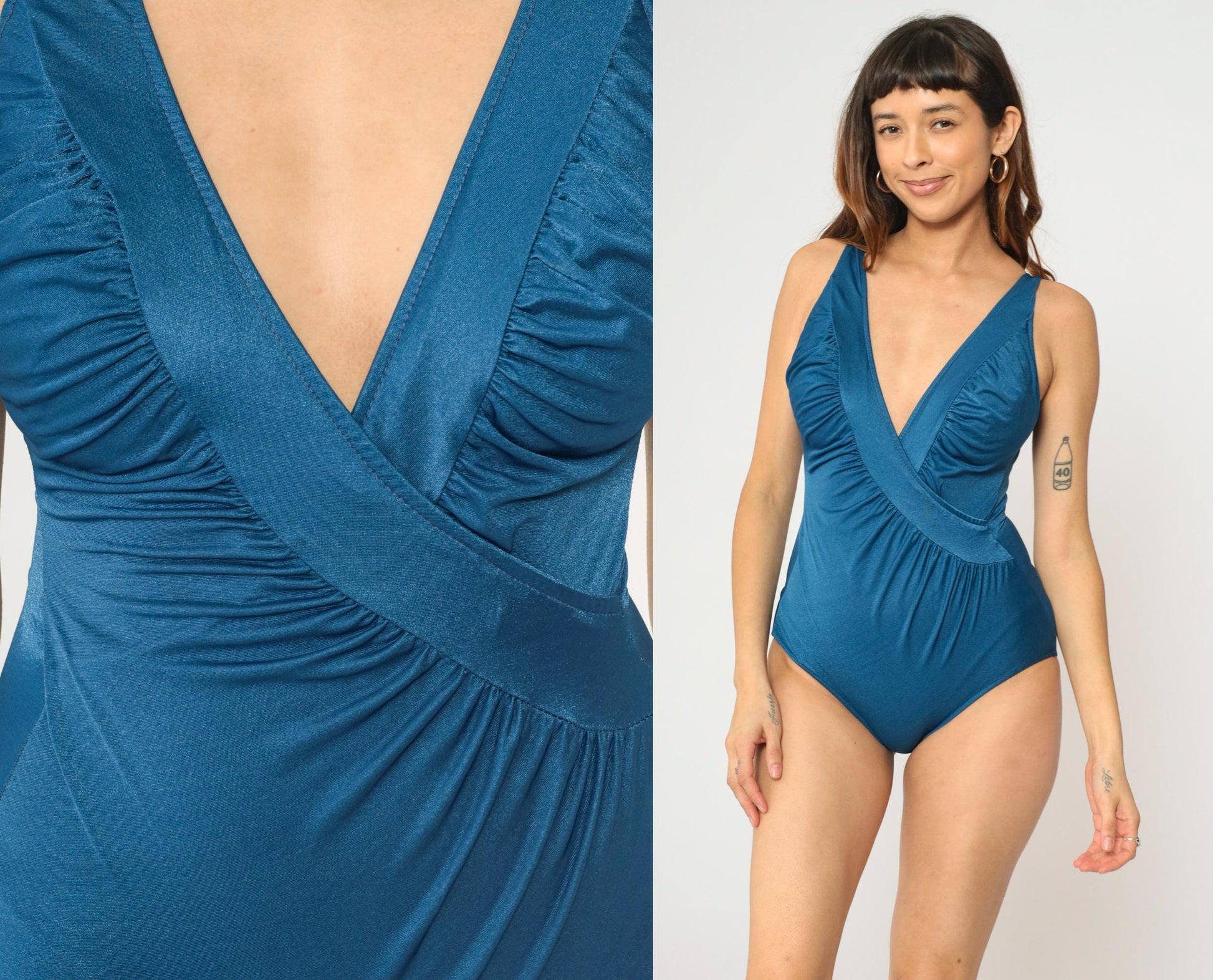 80s Deep Blue One Piece Swimsuit Plunging V Ruched Nylon Spandex Large
