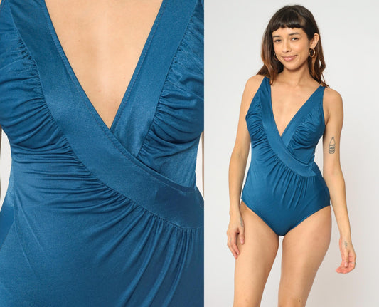 80s Deep Blue One Piece Swimsuit Plunging V Ruched Nylon Spandex Large