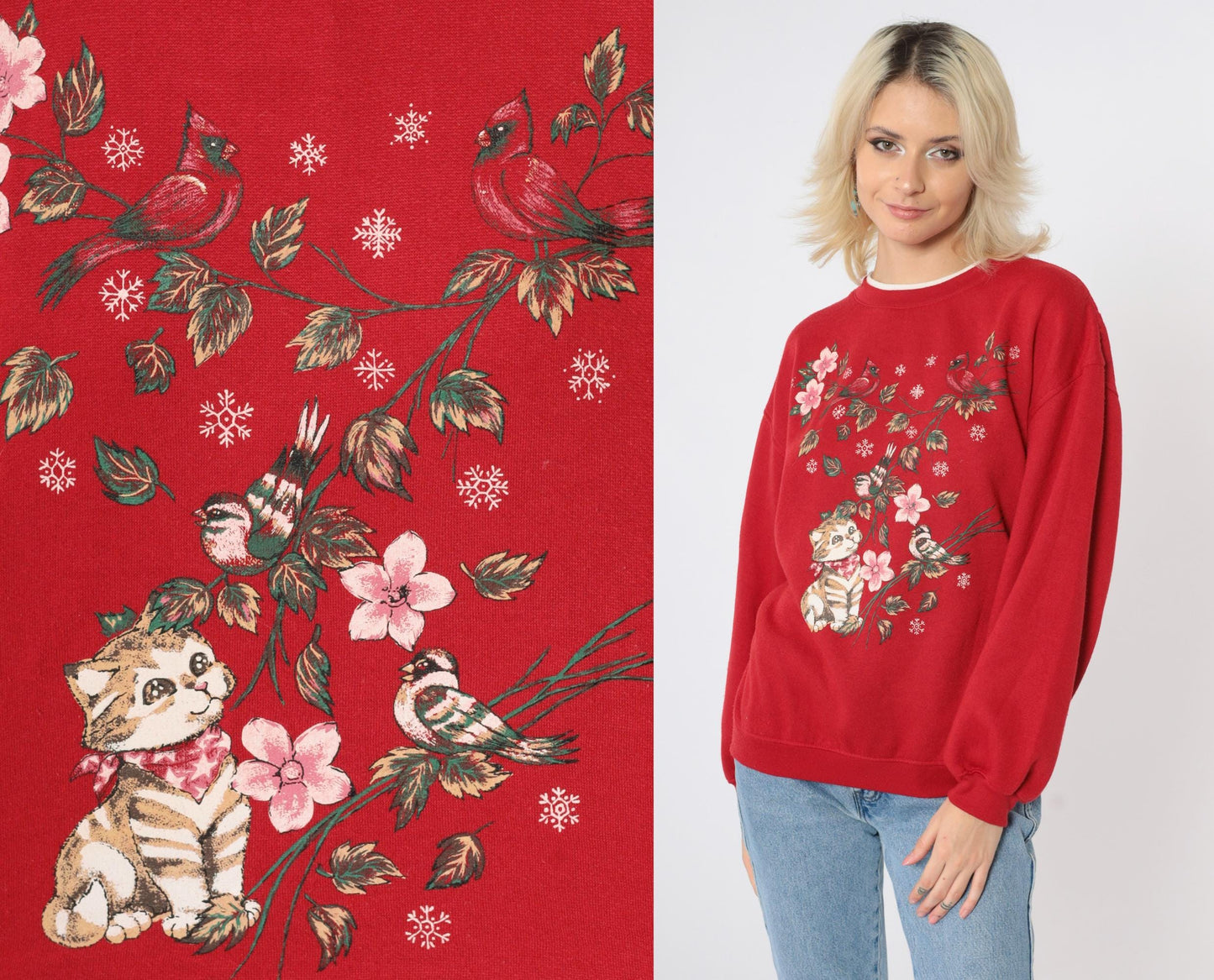90s Cat Cardinal Sweatshirt Red Kitten Cherry Blossom Graphic Crewneck Medium M