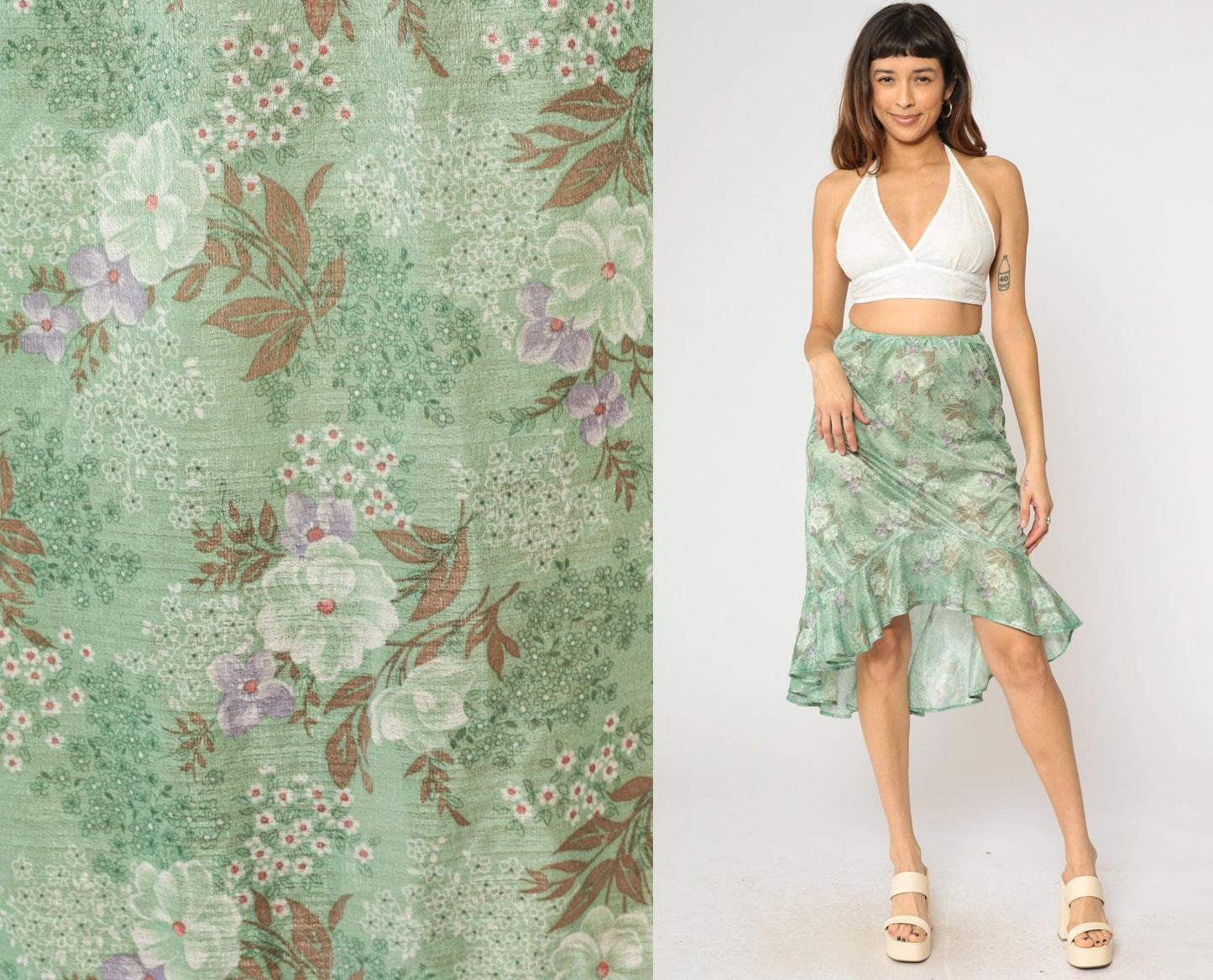 70s Green Floral High-Low Skirt Ruffled Hem Elastic Waist Small