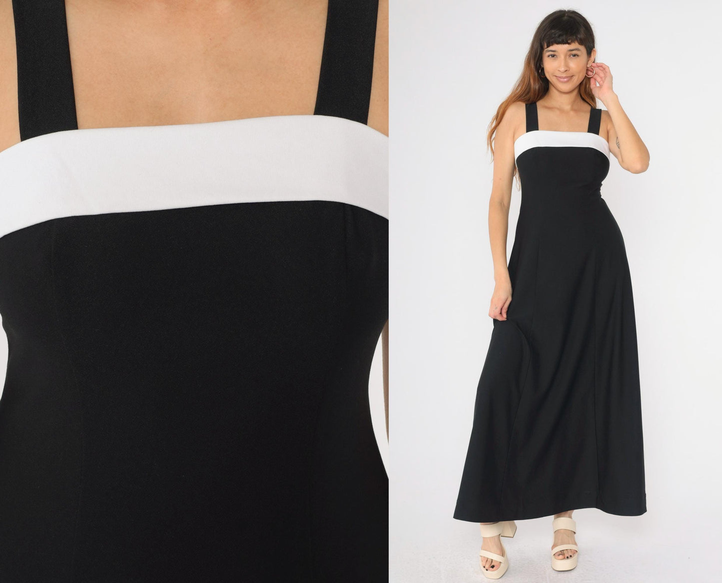 Y2K Black Maxi Dress White Chest Panel Square Neck Sleeveless Small 4