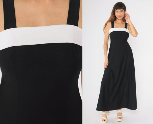 Y2K Black Maxi Dress White Chest Panel Square Neck Sleeveless Small 4