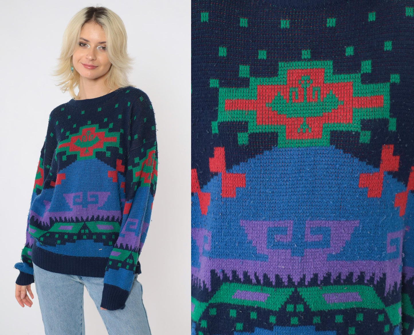 80s Sergio Geometric Sweater Navy Blue Red Green Abstract Crewneck Medium