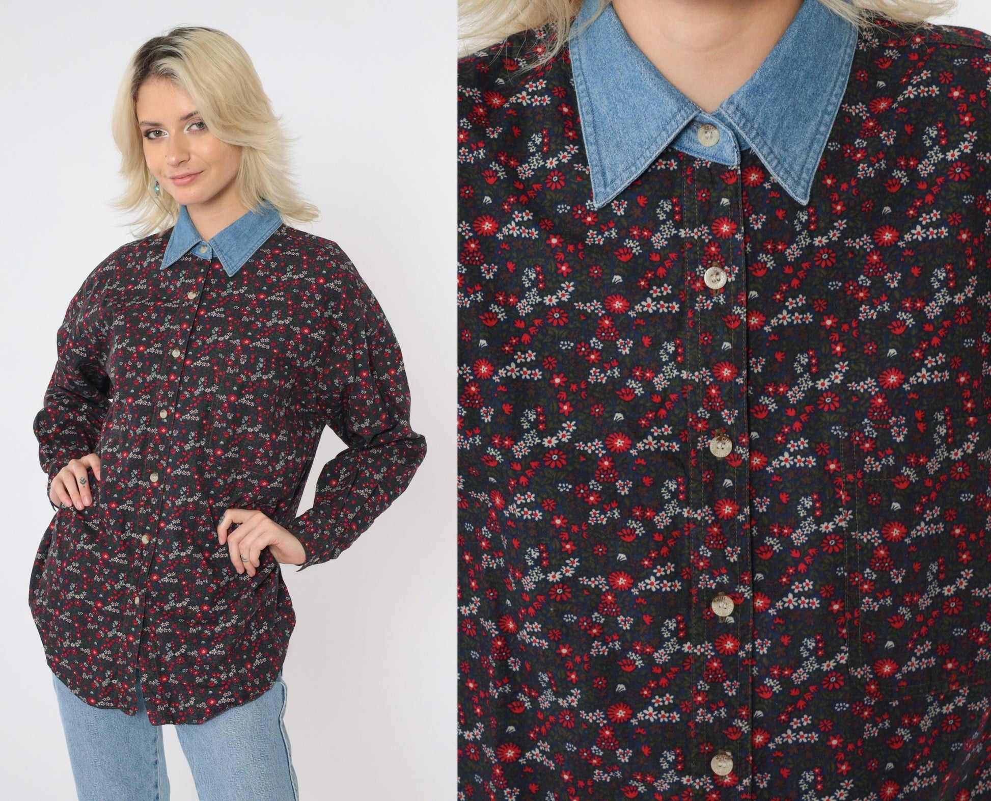 90s Floral Button-Up Blouse Red Green Blue Denim Collar Cotton Medium