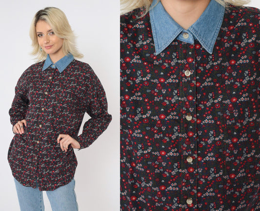 90s Floral Button-Up Blouse Red Green Blue Denim Collar Cotton Medium