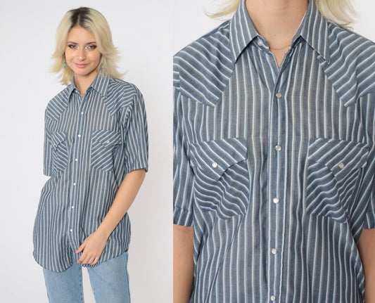 90s Plains Western Wear Pearl Snap Shirt Grey Striped Short Sleeve Small