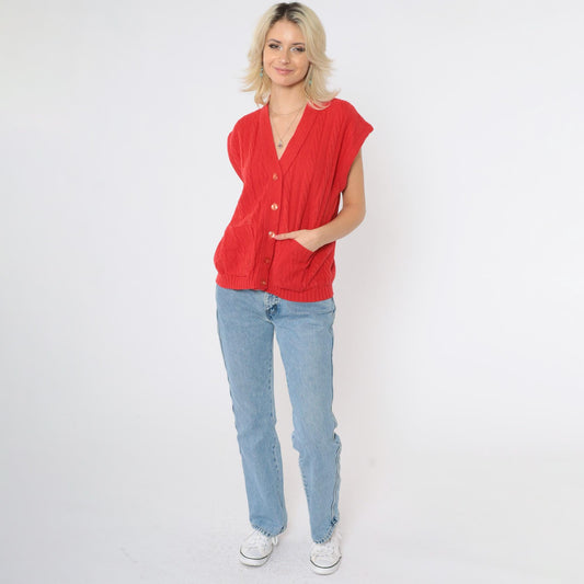 80s Red Cable Knit Vest Button-Up Cap Sleeve Top Medium Large