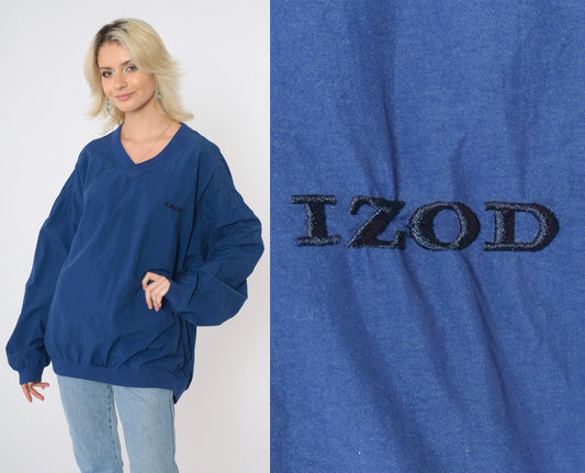 90s Izod Windbreaker Jacket Dark Blue V-Neck Pullover Nylon Extra Large XL