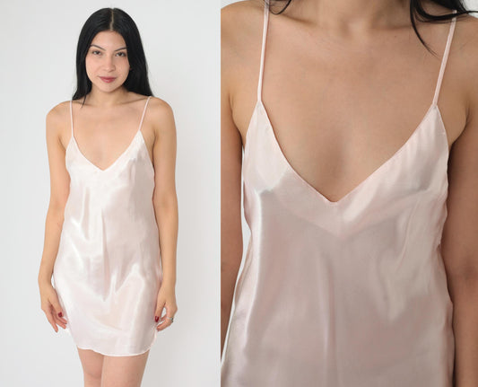 90s Baby Pink Satin Slip Dress V-Neck Spaghetti Strap Mini Medium M