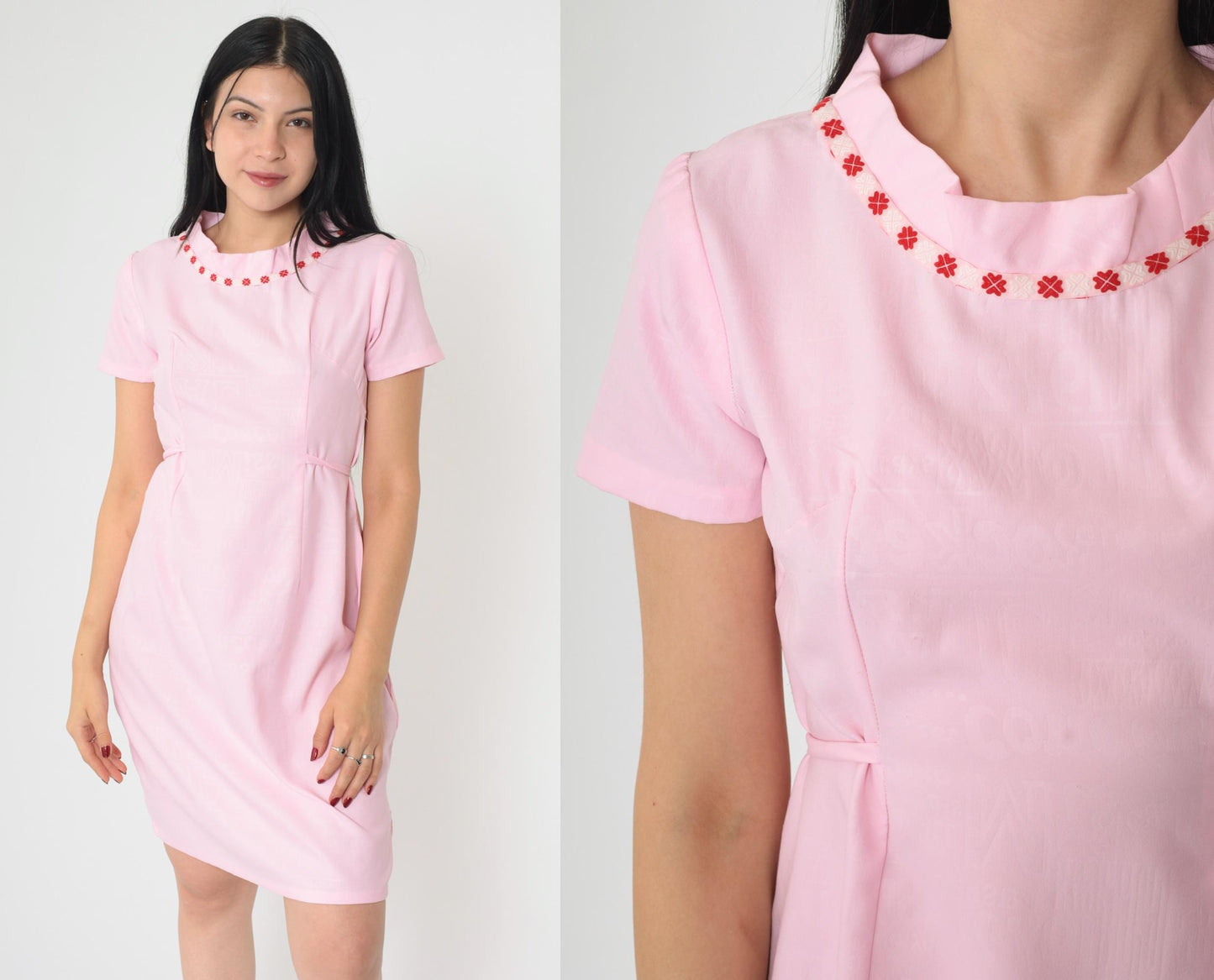 1960s Pink Mod Shift Dress Embroidered Collar Textured Print Tie Waist Small