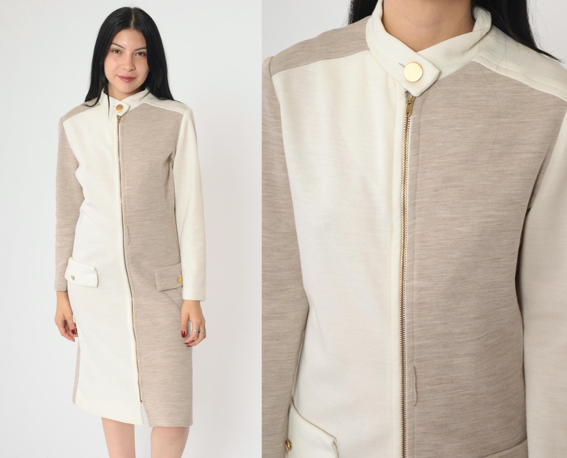 60s Mod Color Block Shift Dress White Taupe Front Zip Long Sleeve Medium