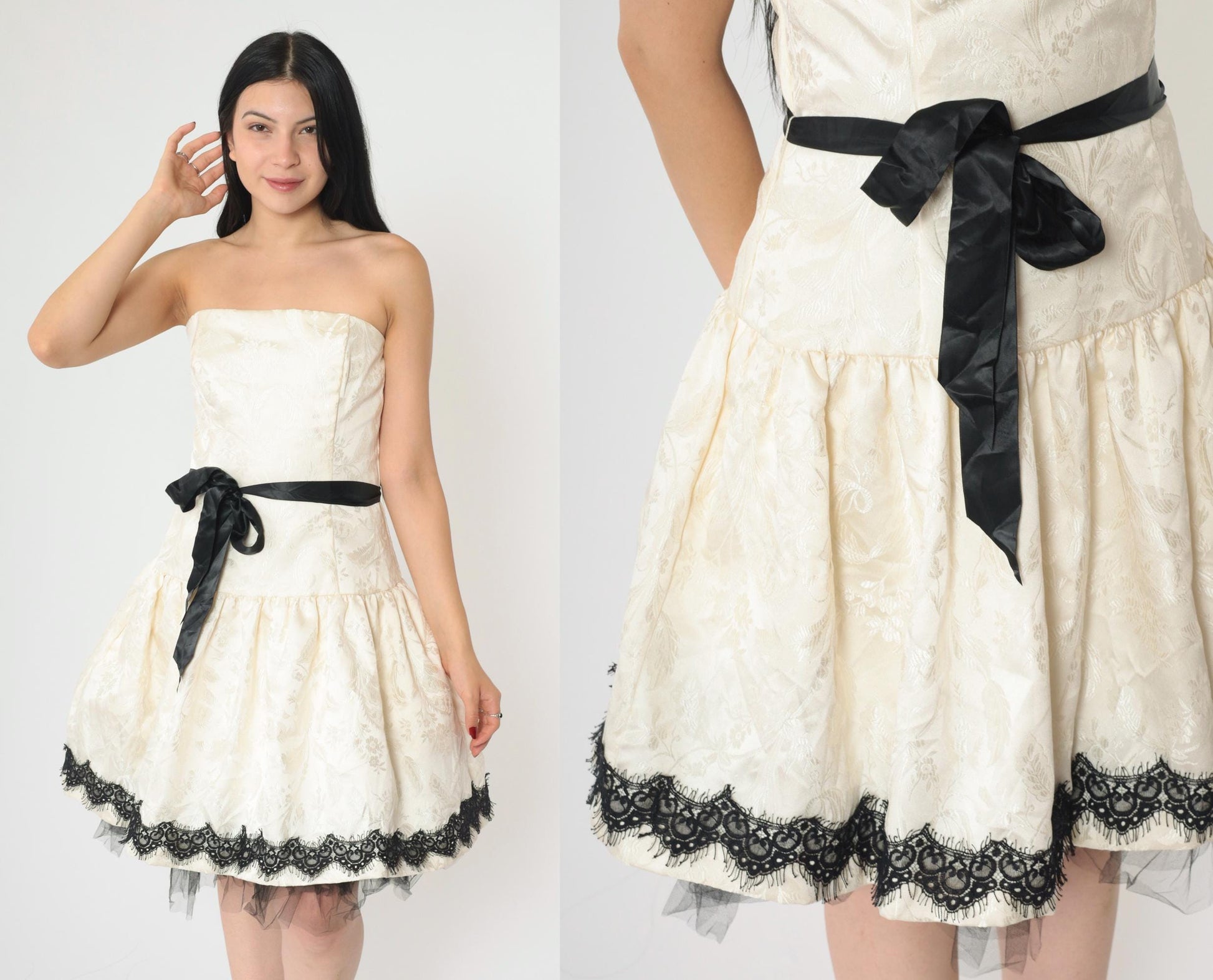 90s Jessica McClintock Ivory Jacquard Strapless Dress Black Lace Tulle Medium