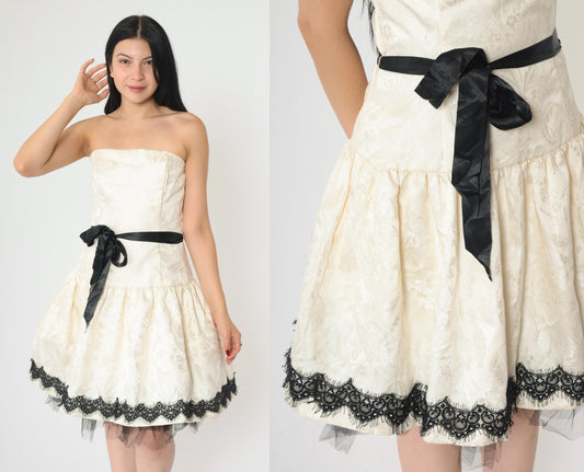 90s Jessica McClintock Ivory Jacquard Strapless Dress Black Lace Tulle Medium