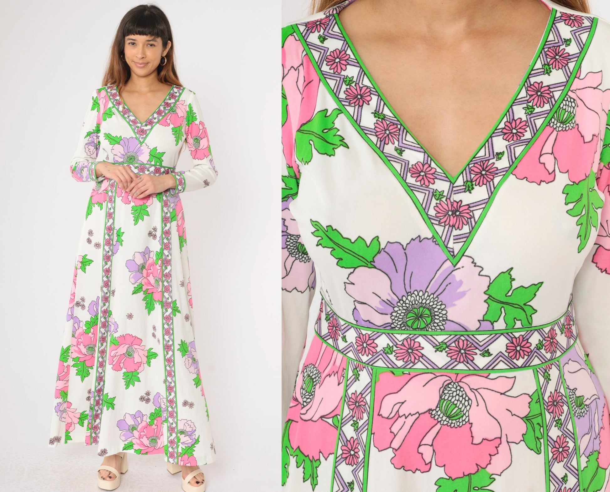 70s Floral Maxi Dress White Pink Purple Green V-Neck Long Sleeve Medium M
