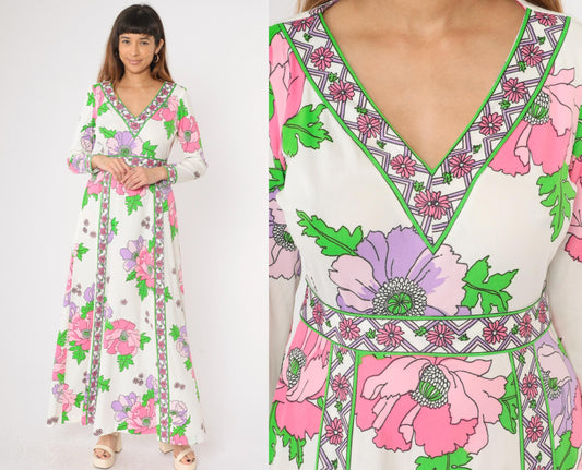 70s Floral Maxi Dress White Pink Purple Green V-Neck Long Sleeve Medium M