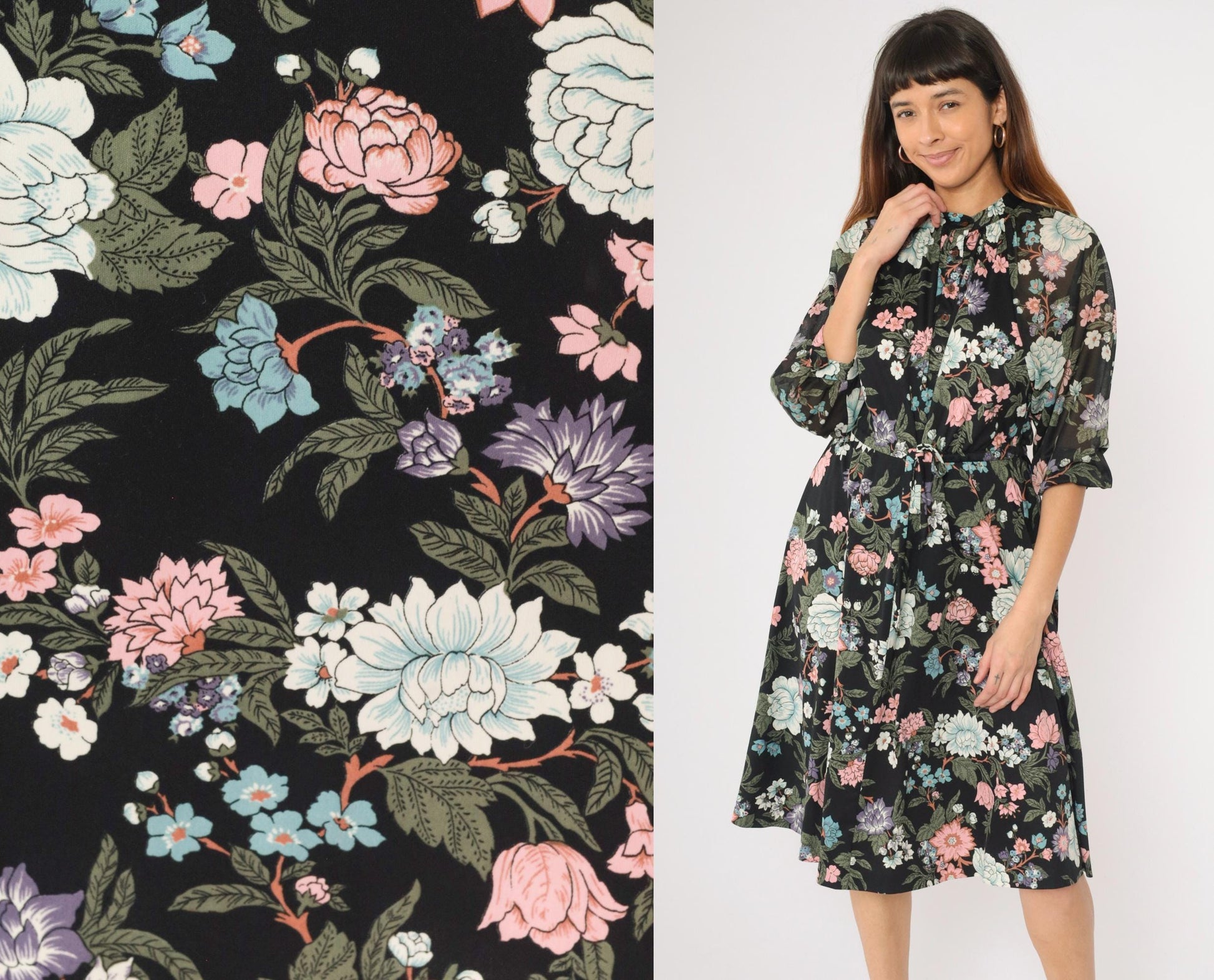 70s Black Floral Midi Dress 3/4 Sleeve Drawstring Waist Button Up Medium