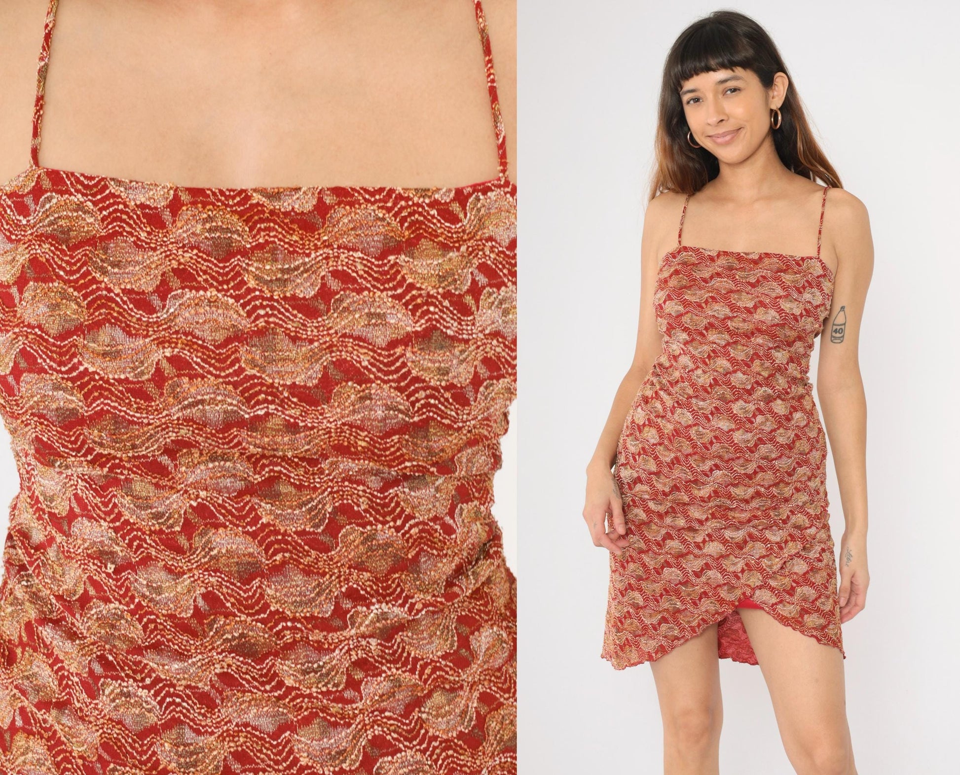 90s Red Gold Lace Strapless Mini Dress Tulip Hem Bodycon Medium M